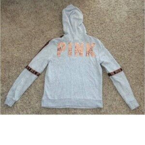 Womens Victorias Secret PINK Jacket Medium Zip Up Gray Gold Sequin Hoodie